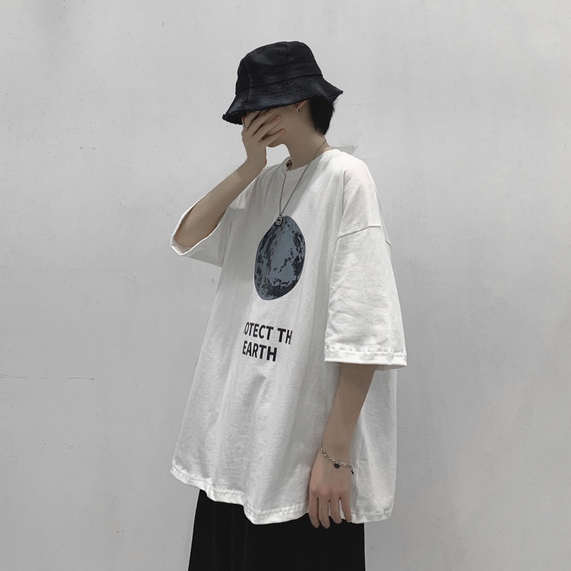 Áo Thun Unisex In Hình Trái Đất Dành Cho Cặp Đôi - Myndi_clothes - Áo Phông Form Rộng Chất Cotton Thoáng Mát Mặc Đi Chơi, Đi Tập Thể Thao