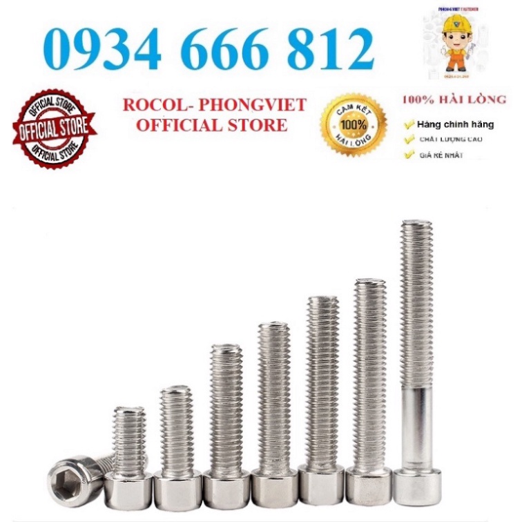 Bulong lục giác chìm đầu trụ M6 inox 201,M6X10, M6X12, M6X16, M6X20,M6X30,M6X40,M6X50