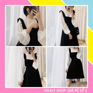 Set Đồ Nữ Ulzzang Váy yếm Rúm Vai Chữ A Cổ Vuông + Áo Lụa Dài Tay Hàn Quốc