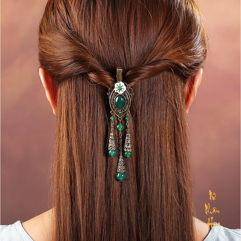 Kẹp Tóc KT007 chất liêu hợp kim chống gỉ đính đá màu xanh lá