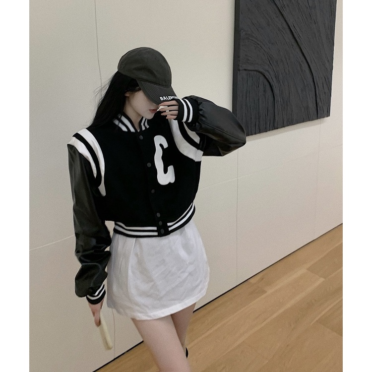 Áo khoác bóng chày dài tay dáng rộng có khóa kéo màu sắc tương phản in chữ độc đáo thời trang mùa thu cho nữ