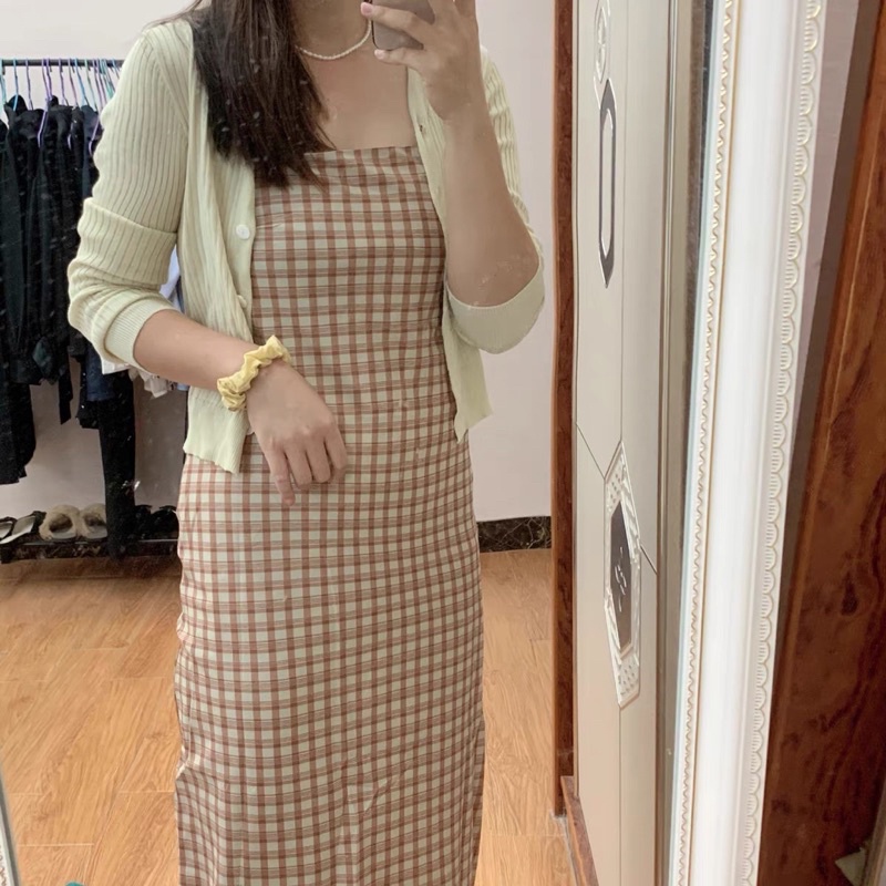 🌸 Váy 2 dây kẻ caro + áo khoác siu xinkk COÁ ẢNH THẬT