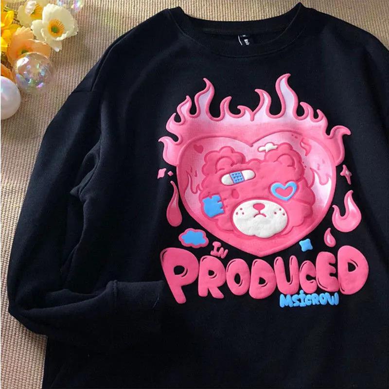 Áo sweater tay dài cổ tròn dáng rộng họa tiết chú gấu thời trang mùa thu phong cách Hàn Quốc cho cặp đôi