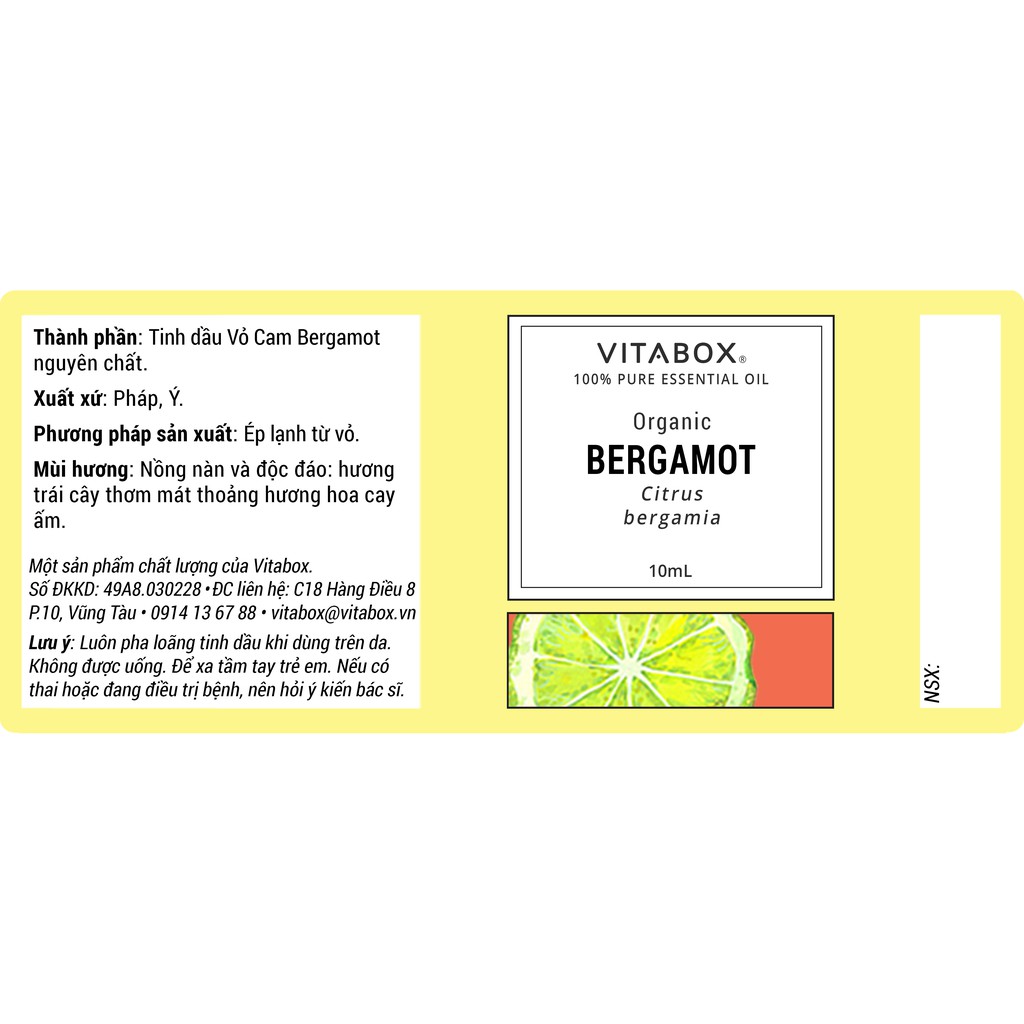 Tinh dầu Cam Bergamot hữu cơ VITABOX thiên nhiên nguyên chất – pure natural organic essential oil