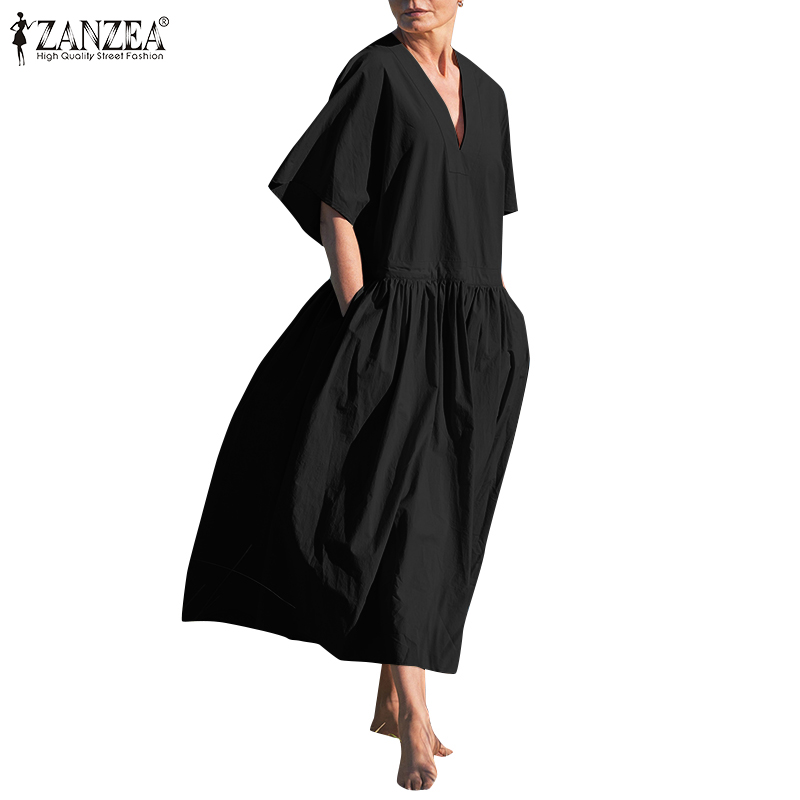 ZANZEA Đầm Maxi Tay Lửng Cổ Chữ V Màu Trơn Thời Trang Cho Nữ