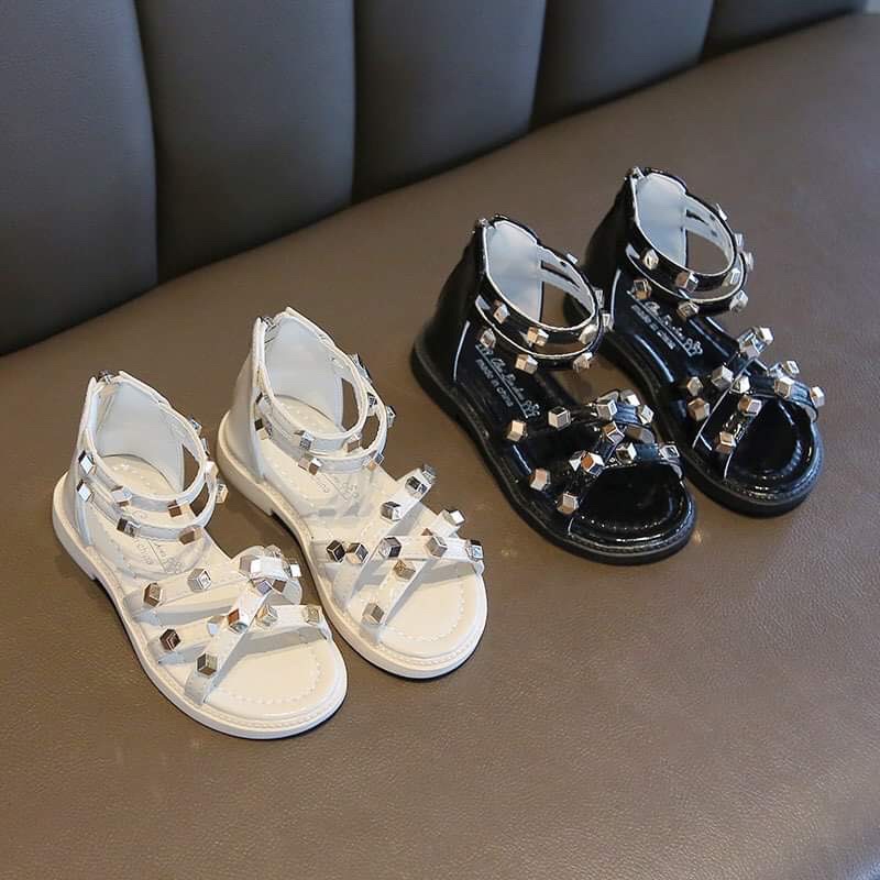 Xăng đan Da Bóng Đế Mềm Đính Đinh Tán Thiết Kế Dây Chéo Phong Cách La Mã Thời Trang Cho Bé Gái 1-16 Tuổi