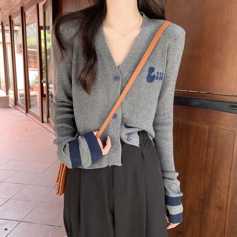 Áo khoác cardigan dệt kim ZHELIHANGFEI tay dài cổ V họa tiết thêu đơn giản dễ phối đồ