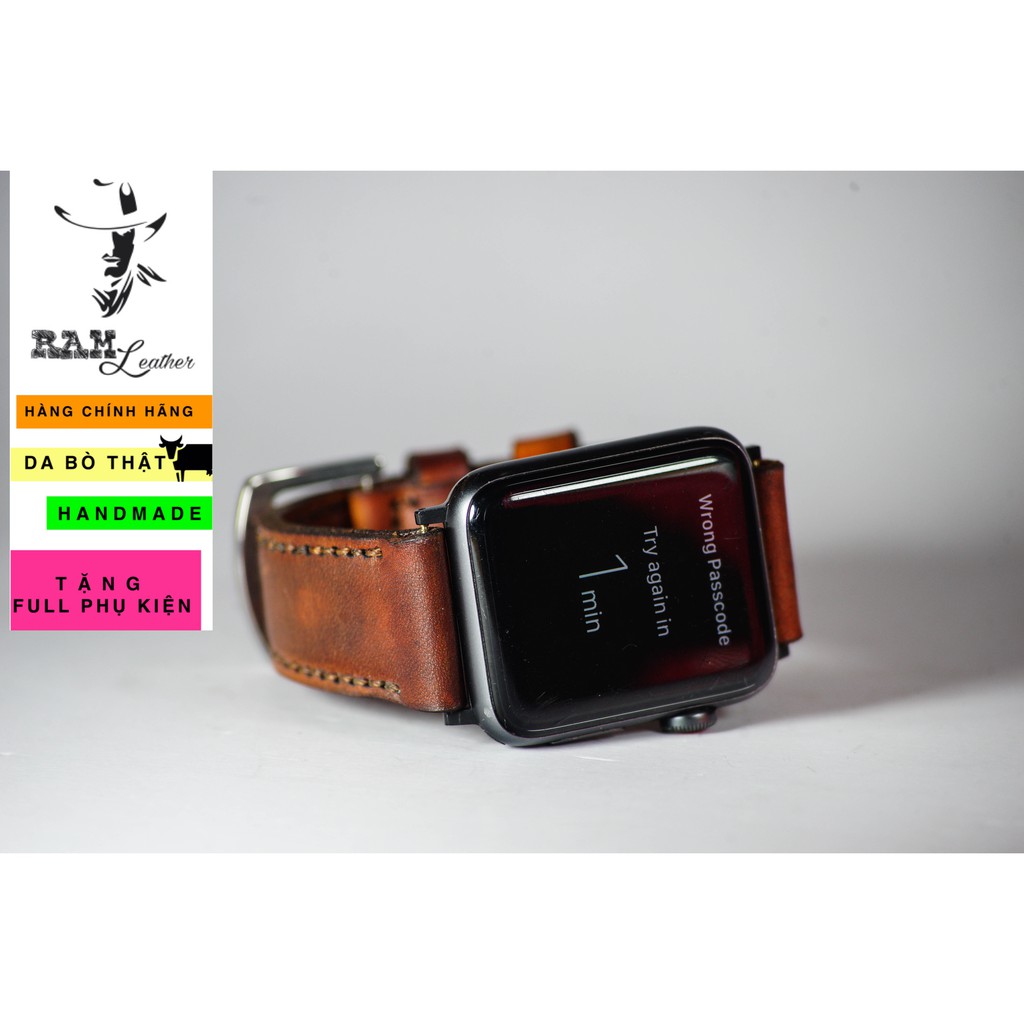 Dây Apple Watch , iWatch , iphone Watch da bò thật RAM Leather classic 1970 nâu sáng