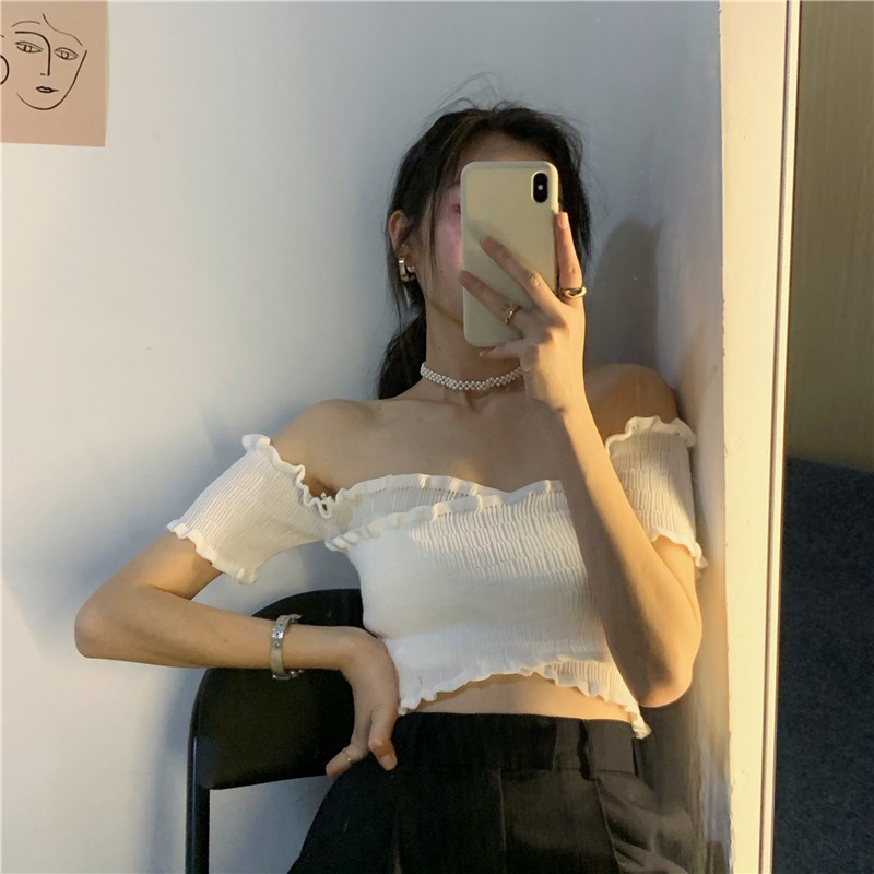 Cocory vn Áo Croptop Tay Ngắn Thiết Kế Trễ Vai Quyến Rũ