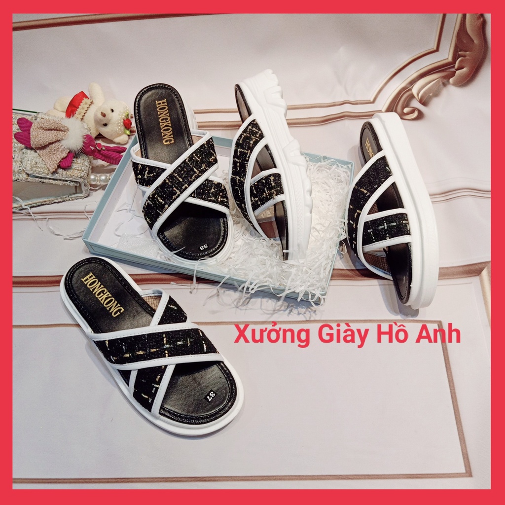 Dép Bánh Mì Nữ Quai Chéo Đế Cao 5P Siêu Nhẹ Vải Sợi Trẻ Trung Tôn Dáng