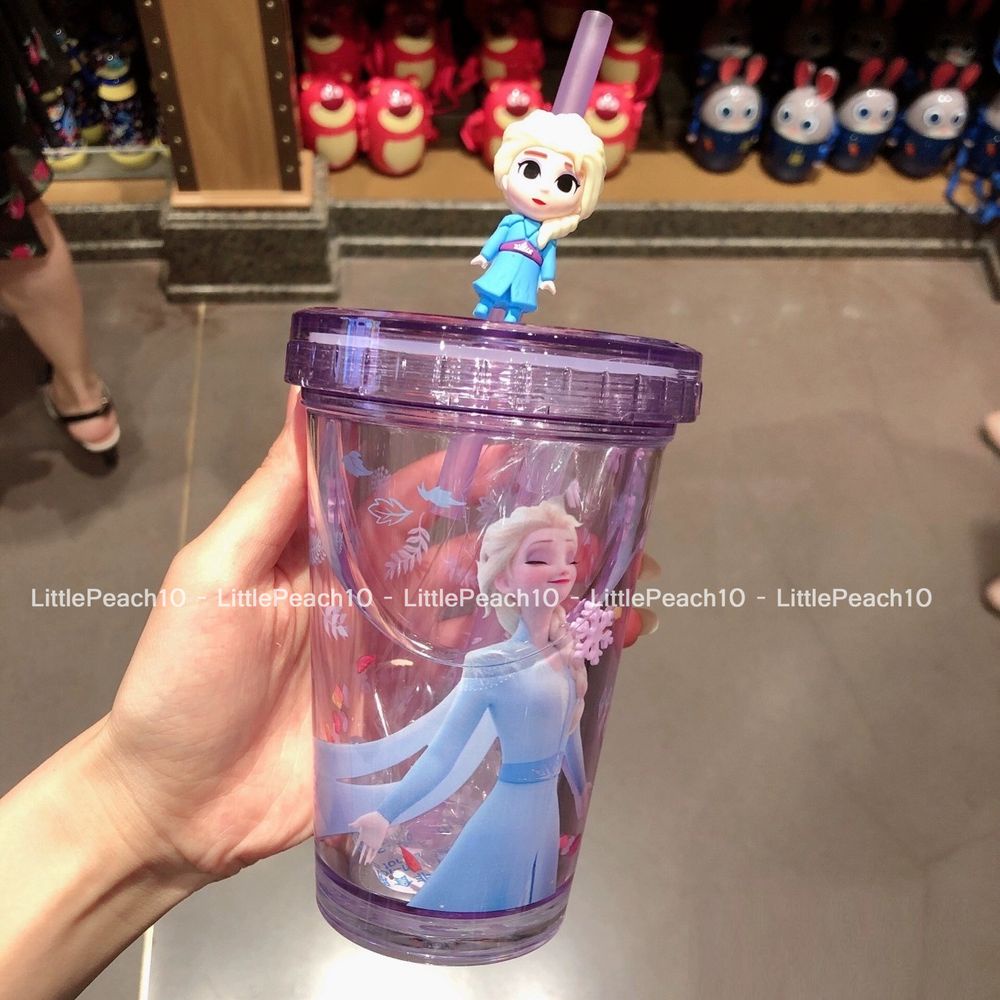 Ly nước Disney trong suốt 2 lớp kim tuyến rơi có ống hút hình Elsa Olaf Mickey Ariel Car 3D cho bé