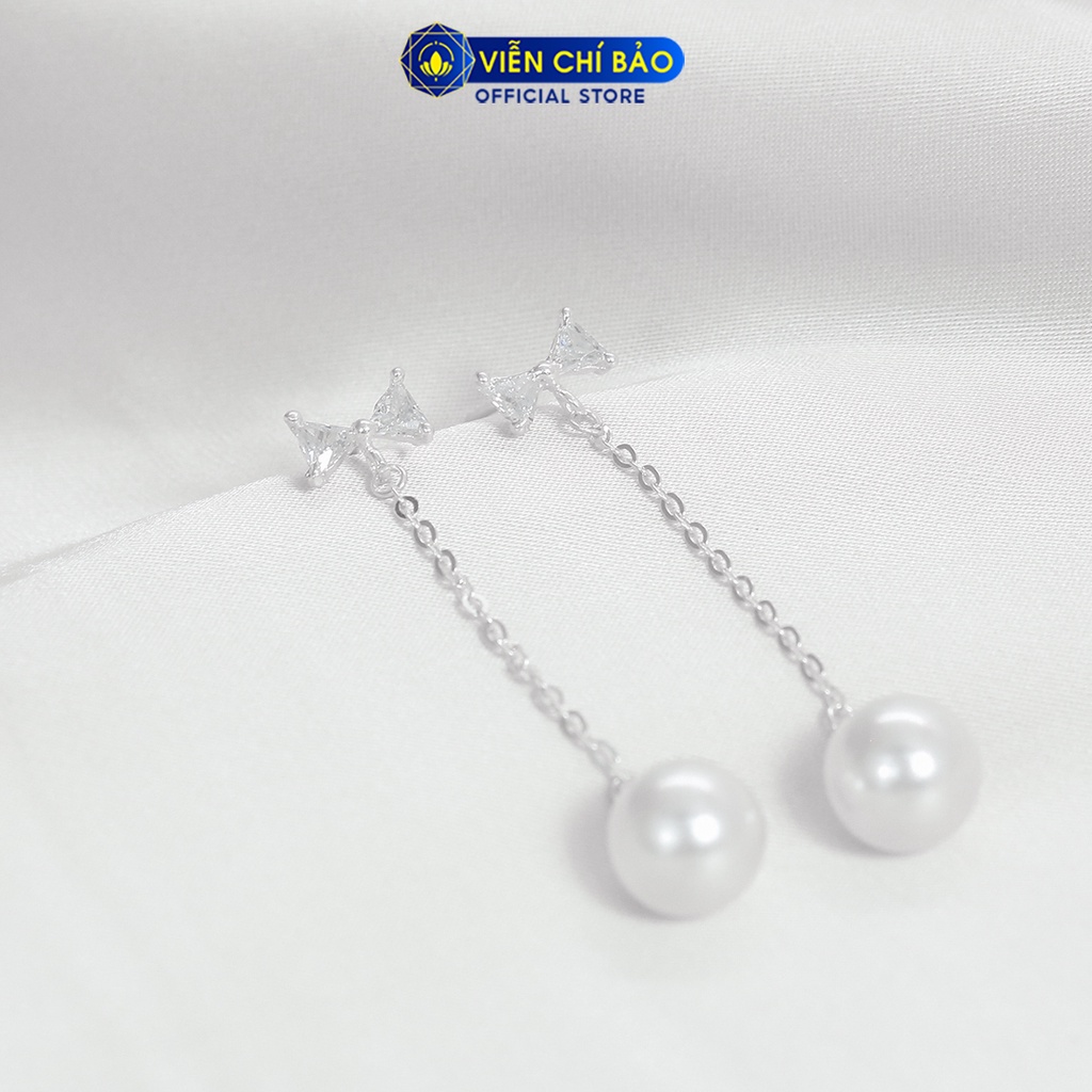 Bông tai bạc nữ Trái châu hình nơ đính đá chất liệu bạc 925 thời trang phụ kiện trang sức nữ Viễn Chí Bảo B400502