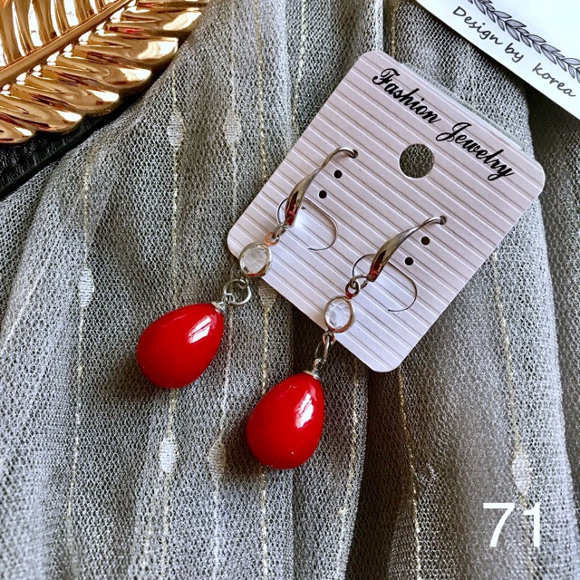 FREESHIP❤️ Hoa Tai Dáng Dài Gắn Hạt Màu Đỏ M71