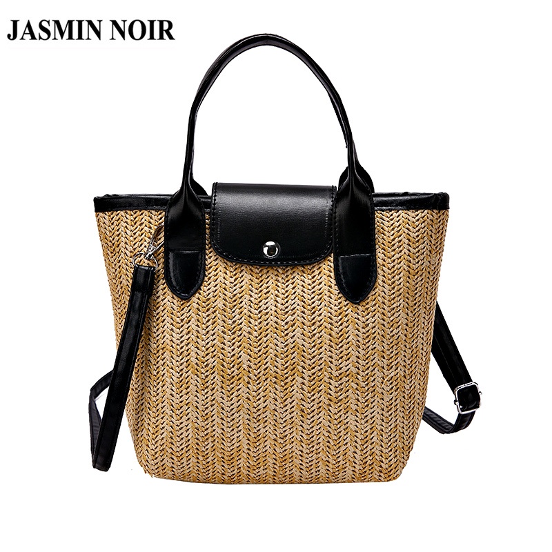 Túi xách JASMIN NOIR đan rơm dáng vuông cỡ lớn kiểu retro sang trọng cho nữ