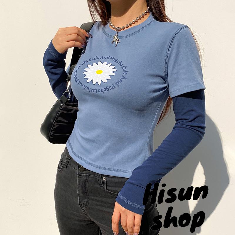 ☀Sun❤Women Casual Long Sleeve T-shirt, Blue Round Collar Letters and Floral Printed Pattern Tops