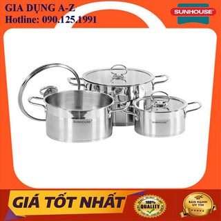 Bộ nồi inox sunhouse sh784, bộ 3 nồi inox 5 đáy kích thước 16,20,24cm | sử dụng trên mọi loại bếp
