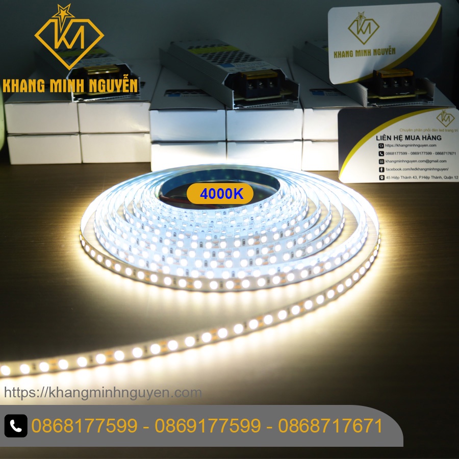 【Có sẵn】120 Led/mét Đèn LED dây 2835 12V cuộn 5m - có keo 2 mặt Ánh sáng trung tính (nhiệt độ màu 4000k)