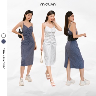 Đầm midi dây nhún giữa tôn dáng vải dày 2 lớp mieu - hm35