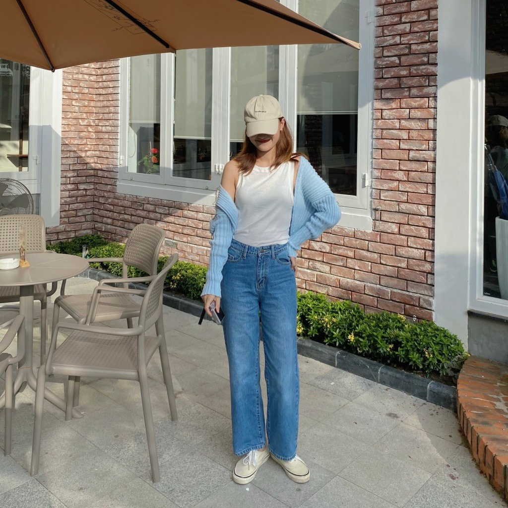 Quần Jeans Nữ Lưng Cao Ống Suông Rộng Màu Xanh Wash Đùi LDL-102B