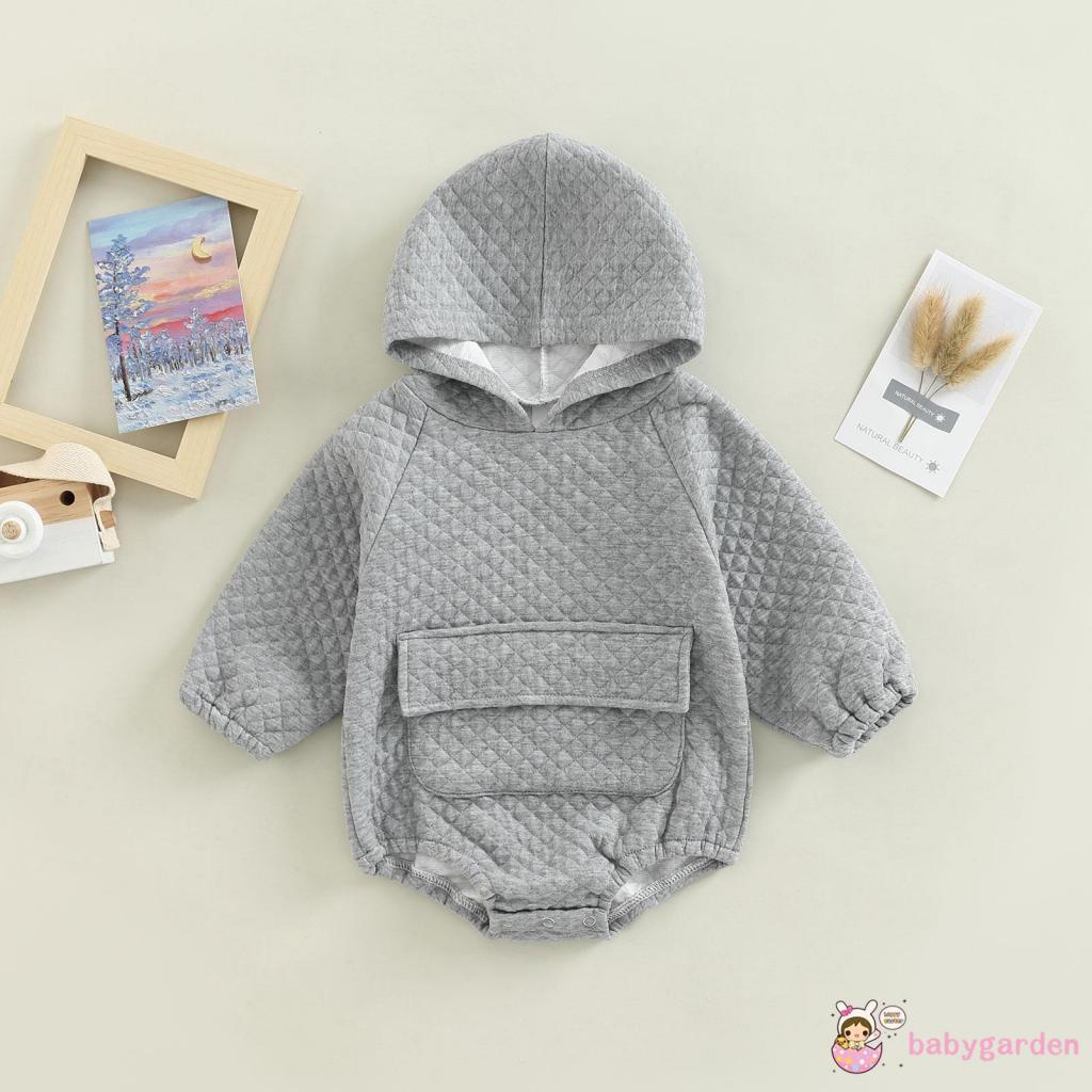 Bộ Áo Liền Quần Dài Tay Có Mũ Trùm Màu Trơn Phối Túi Trước Thời Trang Thu Đông Cho Bé Từ 0-24 Tháng Tuổi