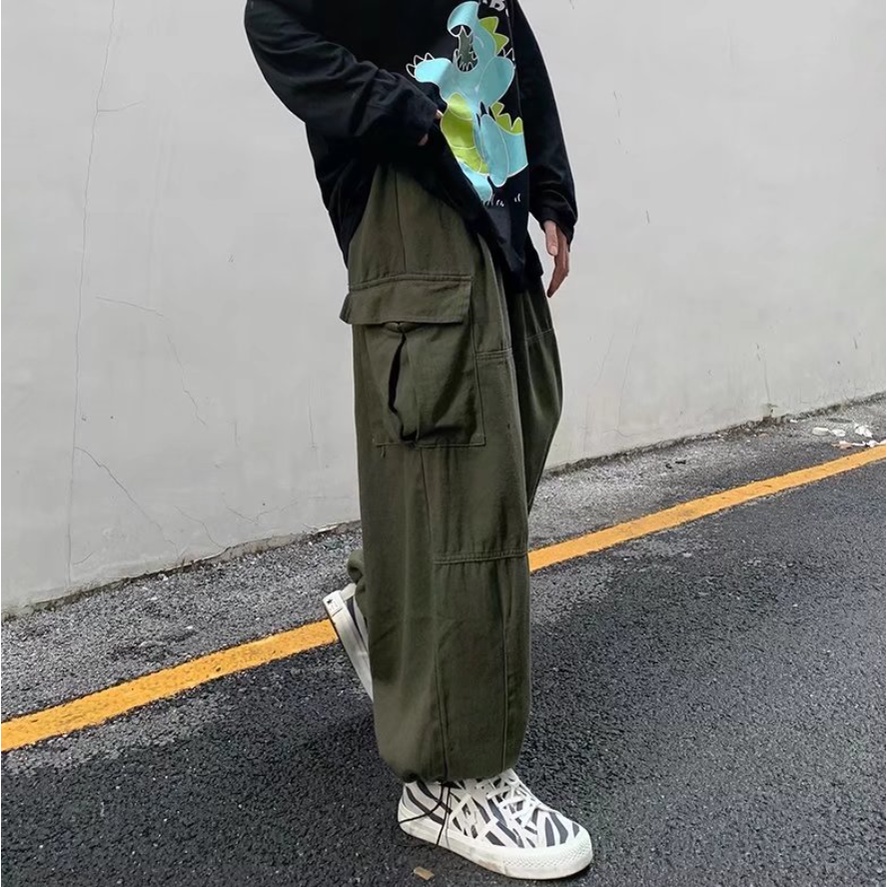 Quần Thể Thao Ống Rộng Màu Trơn quần dài Phối Dây Rút quần ống suông Thời Trang Cargo pants nam Hàn Quốc quần jogger nữ from rộng quần jogger ống rộng bông quần jogger kaki