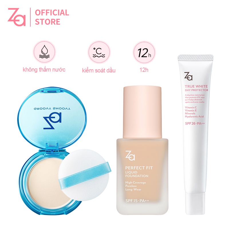Bộ 3 Sản Phẩm Trang Điểm Gồm Kem Nền Dạng Lỏng SPF15 PA + + Kiểm Soát Dầu Chống Nắng + Phấn Phủ 60g ZA
