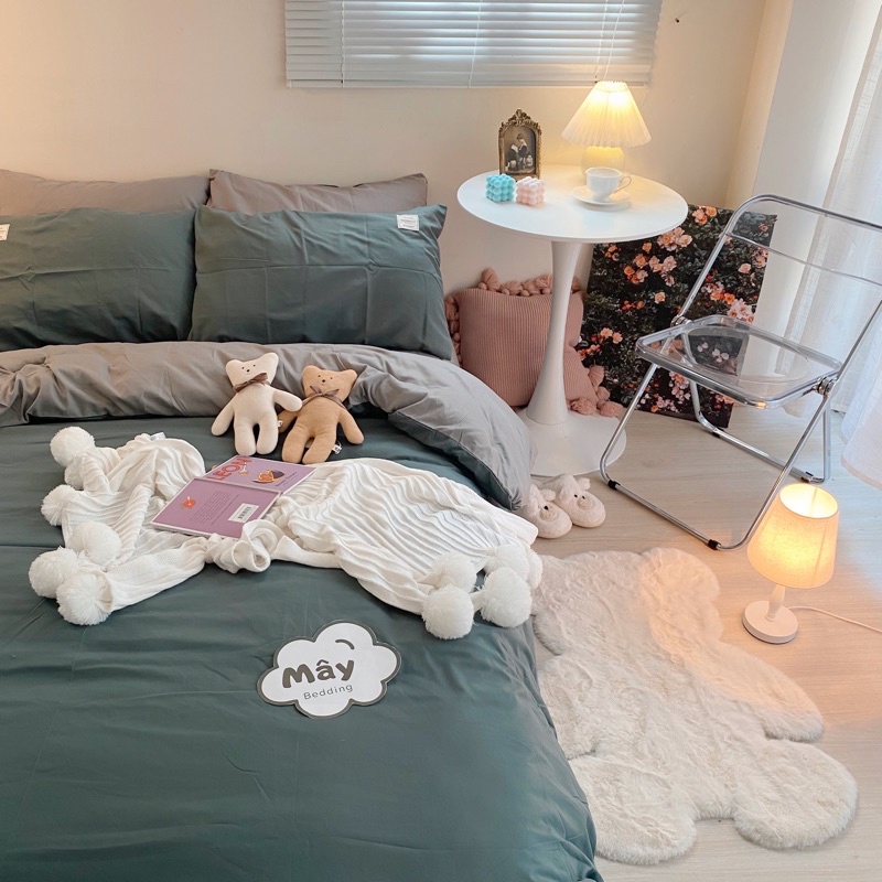 Bộ chăn ga gối đệm Cotton TC phối ga trải giường xám MÂY BEDDING đủ màu xám xanh dương xanh mint be đủ kích thước nệm