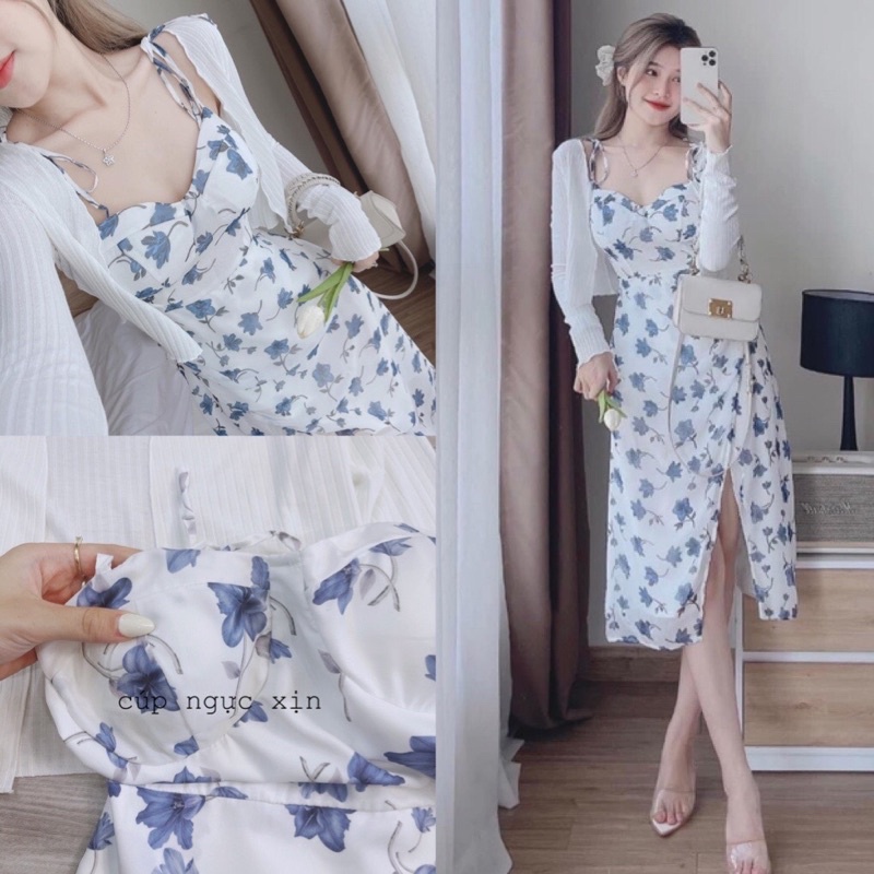 Váy hoa 2 dây mix khoác cadigan chất mềm đẹp