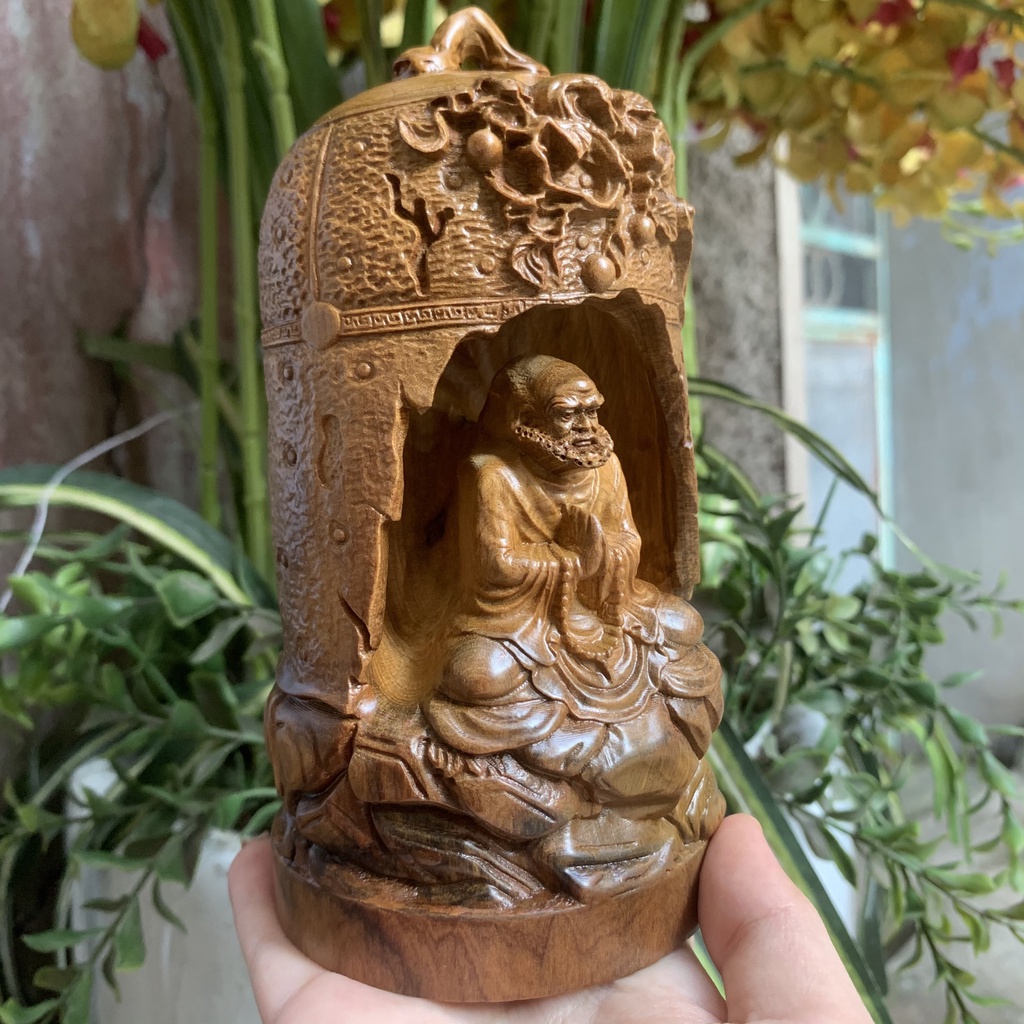 Tượng Đạt Ma Ngồi Chuông Xông Trầm - Tượng Gỗ Chạm Khắc Cao Cấp Để Bàn Làm Việc