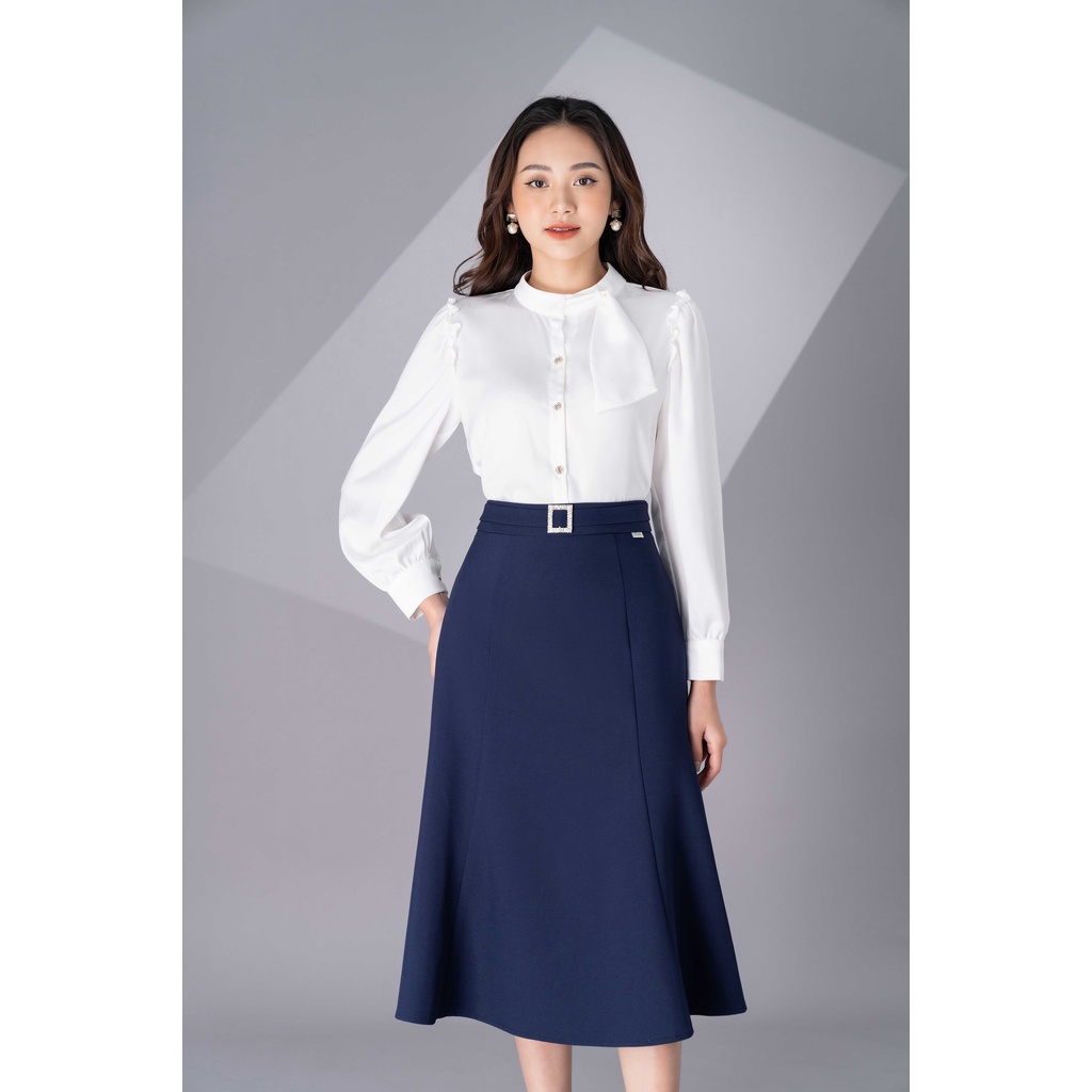 Áo sơ mi lụa be cổ tàu phối nơ Lamia Design SM028 SM027