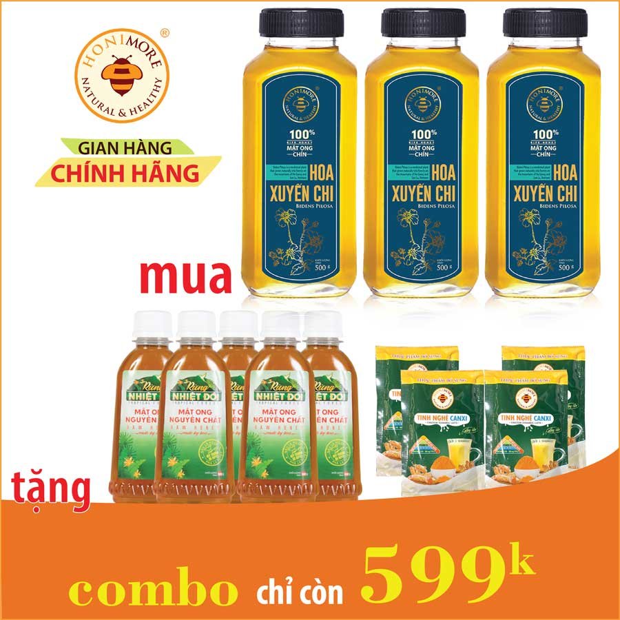 Mua 3 tặng 9 HONIMORE - Mua 3 Mật ong nguyên chất Hoa Xuyến Chi 500g tặng 5 Rừng Nhiệt Đới 300g và 4 gói Tinh nghệ canxi