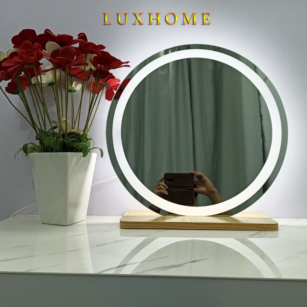 Gương Để Bàn LED Cảm Ứng Chân Gỗ 50 cm x 50 cm LUXHOME, Gương Soi Nịnh nét, Gương decor sang chảnh
