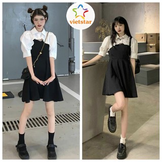 Set áo croptop sơ mi bèo trắng dài tay mix váy 2 dây xòe thời trang nữ cá tính - VIETSTAR