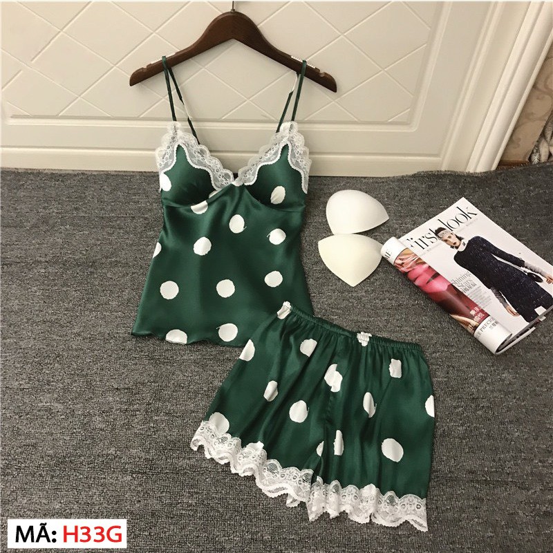 HISEXY Đồ Bộ Ngủ Chấm Bi Có Mút Ngực Quần Cộc Lụa Satin Có Mút Ngực MS38 | BigBuy360 - bigbuy360.vn
