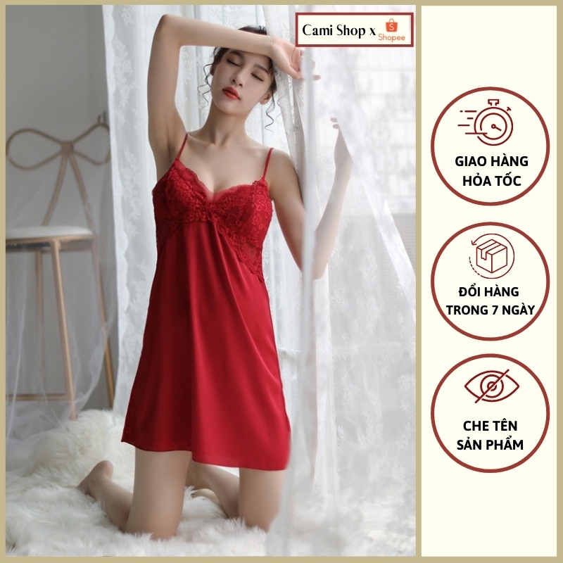 Đầm ngủ gợi cảm CAMISHOP Váy ngủ sexy nữ chất lụa phối ren cao cấp kèm mút ngực freesize VN01 tặng kèm quần chiip