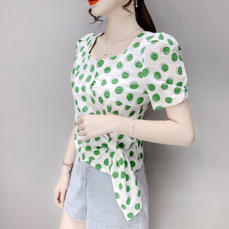 Áo Chiffon Cổ Vuông Tay Ngắn Họa Tiết Chấm Bi Thời Trang Mùa Hè Cho Nữ