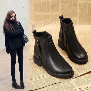 Giày bốt da PU cổ ngắn đế bằng thời trang xuân thu 2020 cho nữ