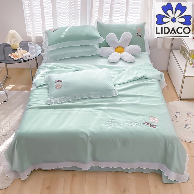 Bộ chăn chần ga gối phi lụa viền bèo LIDACO tone màu pastel nhẹ nhàng decor phòng ngủ xinh xắn
