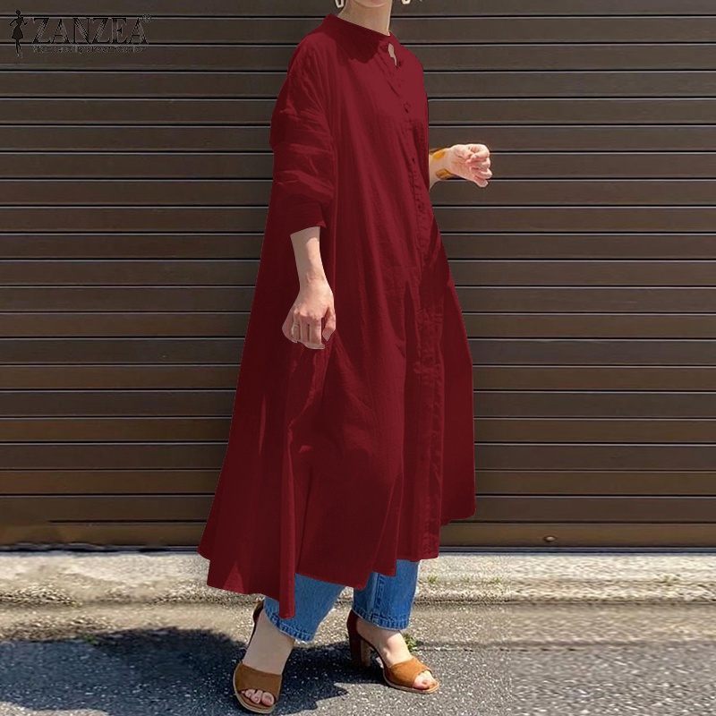 Đầm maxi ZANZEA cổ tròn dài tay gài nút thiết kế dáng rộng đơn giản thanh lịch cổ điển cho nữ