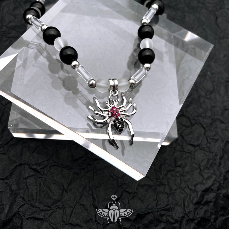 Vòng cổ Hạt Tròn Màu Đen Đính Đá Ruby Ngọc Lam Vân Kim Cương Pha Lê Hình Nhện Dáng Tròn Trẻ Trung Cho Nam Và Nữ