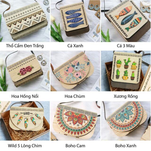 Túi xách gỗ Họa Tiết Nhiều Mẫu Phong Cách Vintage