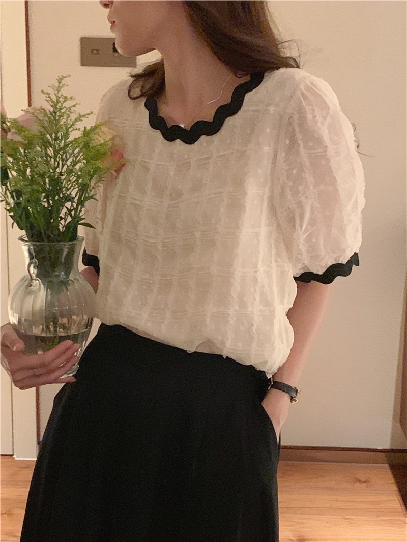 Áo Voan Cổ Tròn Phối Ren Ngắn Tay Thời Trang Hàn Quốc Sành Điệu 53884