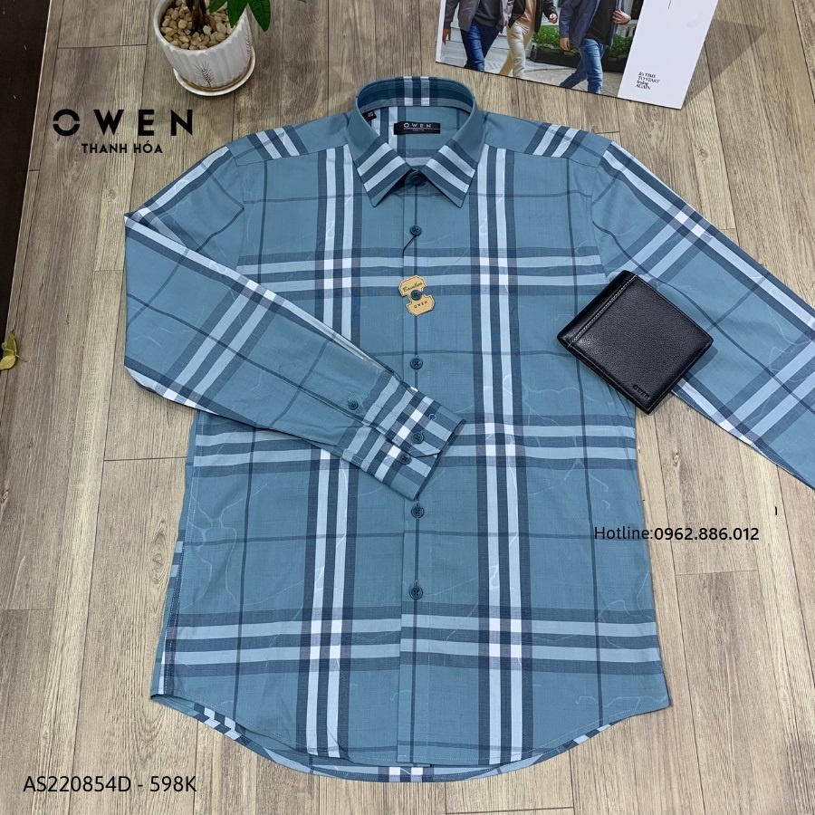 Áo Sơ Mi Nam Dài Tay OWEN AS220854D Somi Công Sở Vải Sợi Tre Cao Cấp Màu Kẻ Caro Lớn Xanh Đậm Dáng Ôm Tà Lượn Không Túi