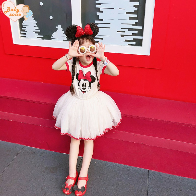Đầm ngắn tay dáng xòe in hình chuột Mickey đáng yêu cho bé gái