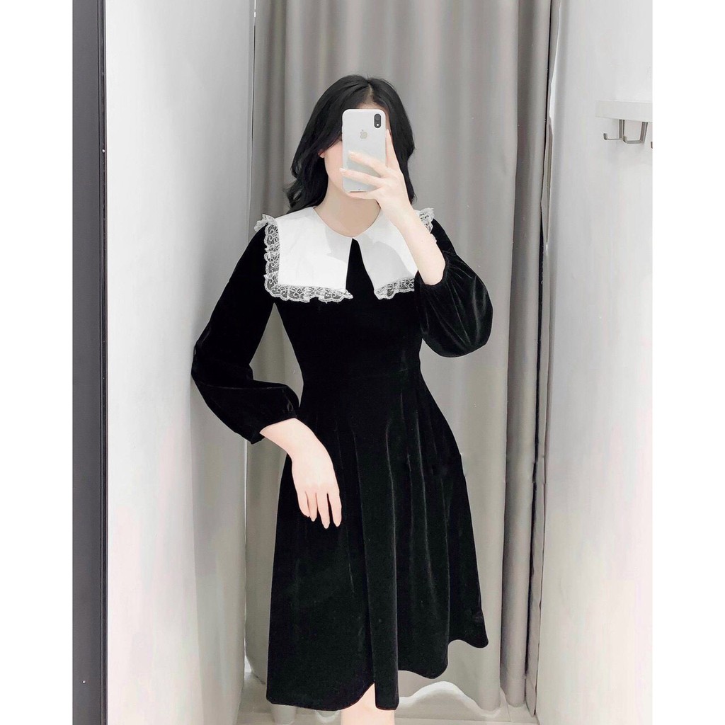 Váy Nhung Xòe Cổ Phối Ren Trắng