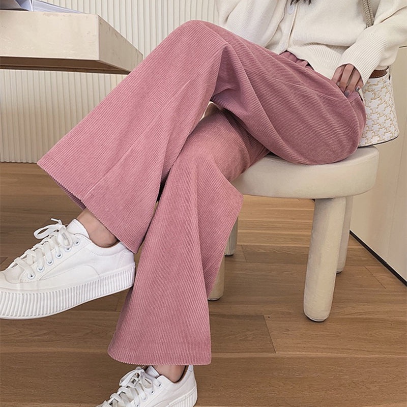 Quần dài ống rộng thẳng cạp cao bằng nhung kẻ phong cách xuân thu Hàn Quốc giản dị mới cho nữ