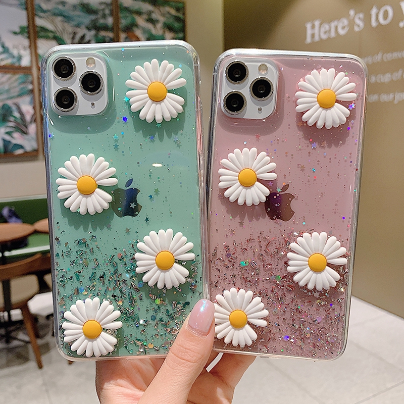 iPhone 12 Mini 11 Pro Max 6 6s 7 8 Plus + SE 2 SE2 2020 Case Soft Daisy Flower Star Glitter Sequins Transparent Silicone Cover