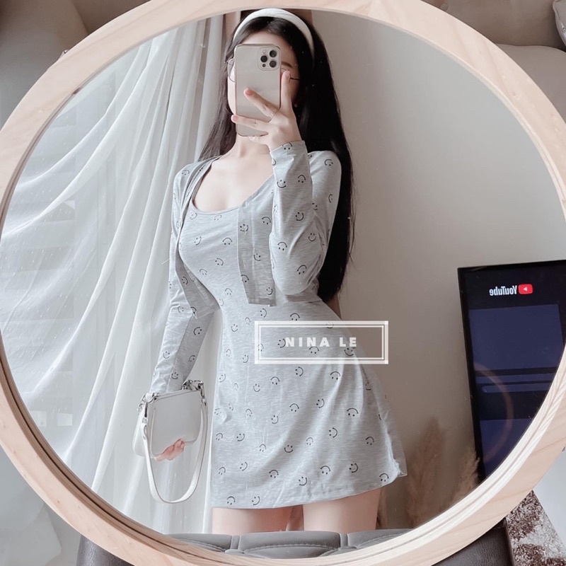 Váy Nữ Hai Món Váy 2 Dây + Áo khoát In Hình Mặt Cười Đi Chơi Dạo Phố Đi Biển Chất Lượng Cao Giá Rẻ