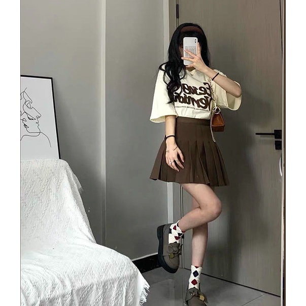AMOI Bộ Áo Thun + Chân Váy Kaki Xếp Ly Phong Cách Retro Hàn Quốc Cho Nữ