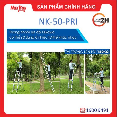 Thang nhôm, thang rút đôi, thang chữ A Nikawa NK-50AI-Pri, 8 bậc, thương hiệu Nhật, bảo hành chính hãng